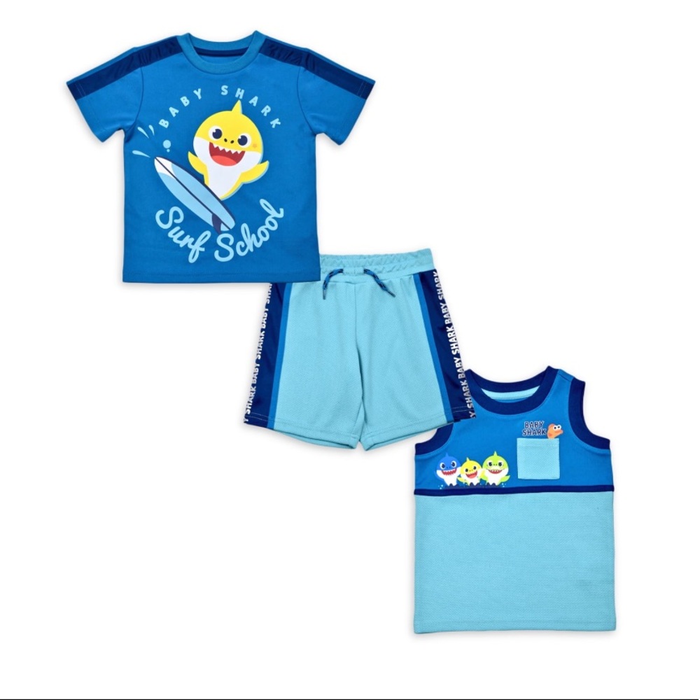 Nwt Baby Shark 3- Piece short set Size 3 Toddler Tee shirt Tank top Short blue